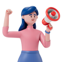 woman with megaphone and raised fist, symbolizing announcement or motivation. 3D rendering, conceptual image. Isolated on white background.