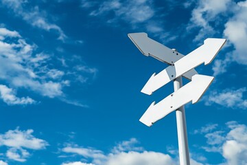 Fototapeta premium Road sign with multiple directions under a partly cloudy sky