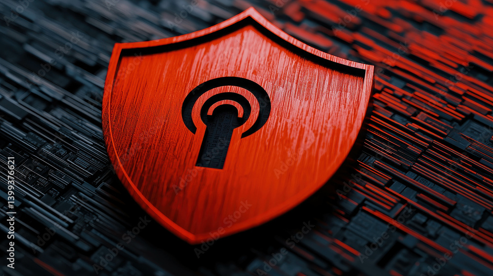 Poster red shield with wireless signal icon representing digital security and protection concept