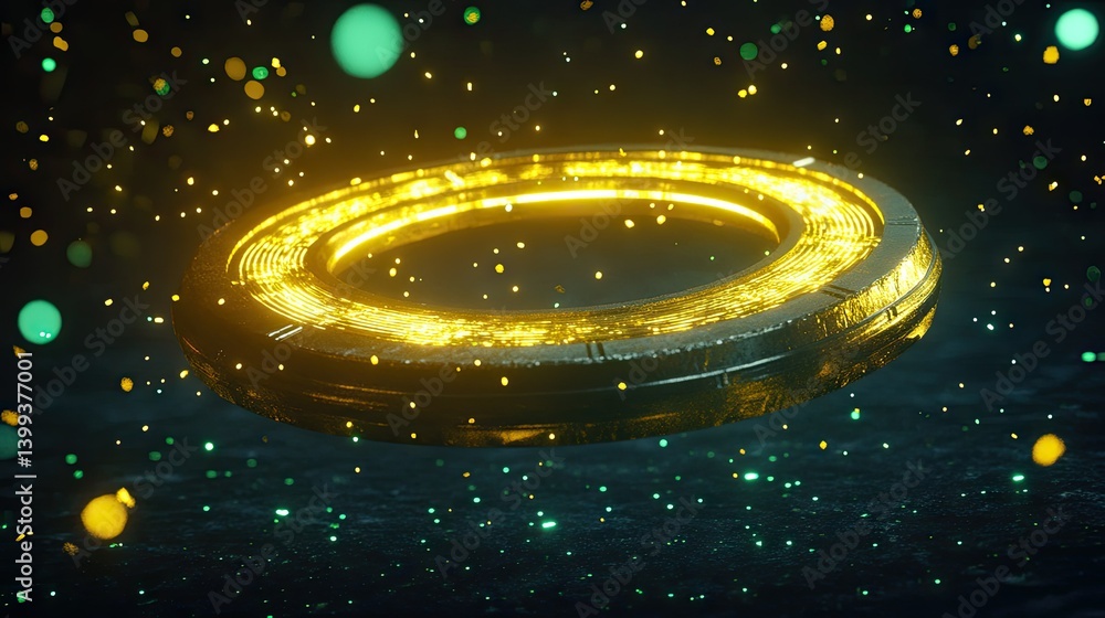 Poster a mesmerizing circular pattern of glowing golden light surrounded by shimmering particles. set again