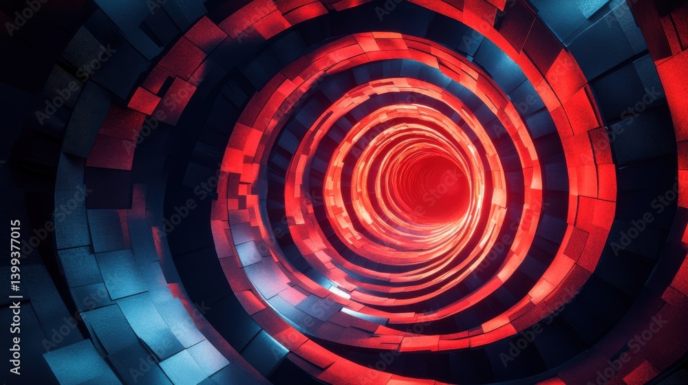 Poster a vibrant, abstract tunnel design featuring swirling patterns in red and blue, creating a sense of d