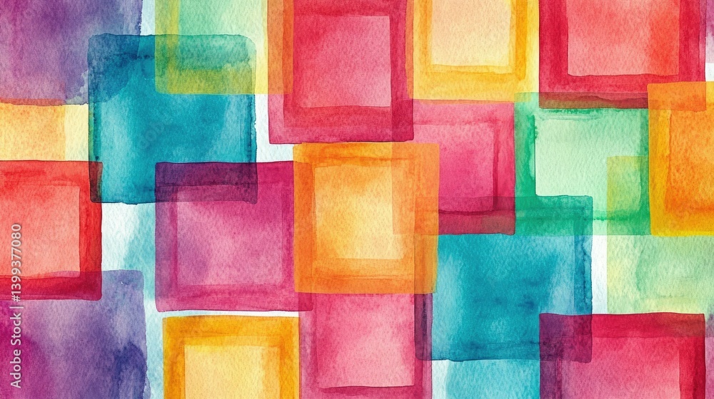 Poster a vibrant abstract watercolor painting featuring overlapping geometric shapes in red. blue. and yell