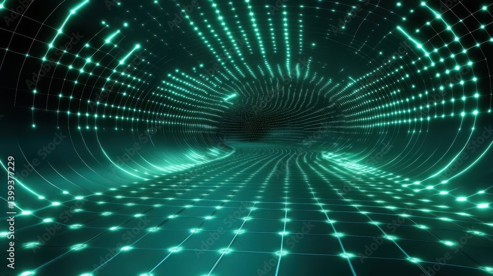 Poster a futuristic, glowing tunnel with a grid and swirling lights, creating an immersive digital atmosphe