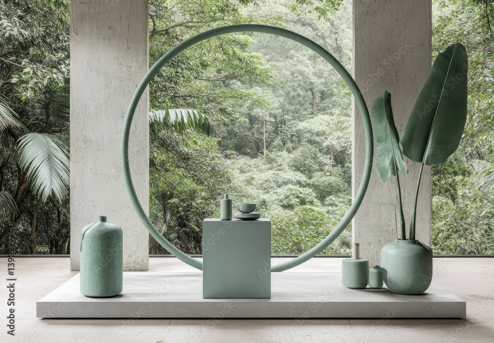 Aufkleber a serene display of minimalist vases and tropical leaves set against a circular backdrop. creating a