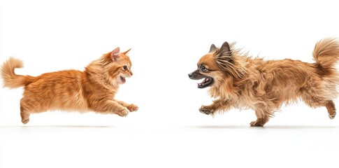 A playful cat and dog running together, captured in an energetic and joyful moment, isolated on a clean white background with fine fur detail