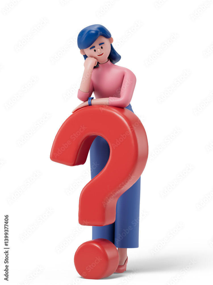 Poster woman resting on a question mark, symbolizing contemplation or uncertainty. 3d rendering, conceptual