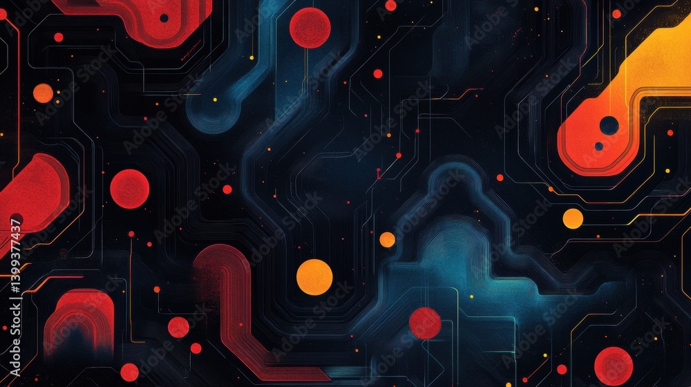 Poster a vibrant abstract design featuring circuit-like patterns and colorful dots against a dark backgroun