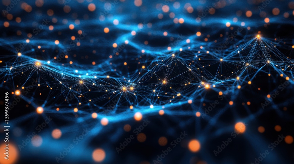 Poster a digital visualization of interconnected nodes and lines, resembling a network of data points, illu