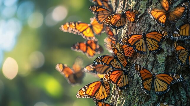 A vibrant cluster of monarch butterflies resting on the textured bark of a tree in a lush forest. showcasing nature's beauty and the importance of biodiversity - Powered by Adobe