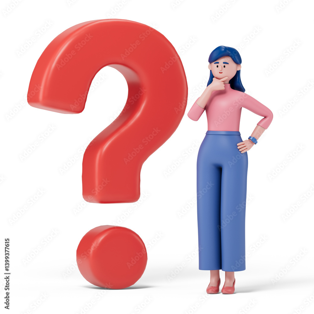 Poster woman with hand on chin by a question mark, symbolizing critical thinking or problem-solving. 3d ren