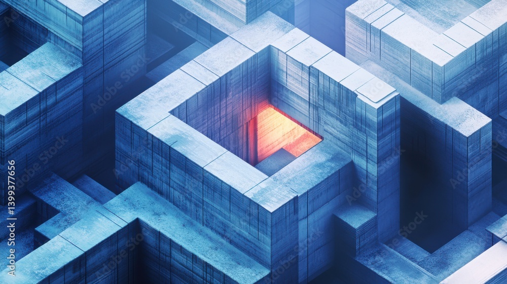 Poster a surreal maze of concrete structures with illuminated openings, creating a sense of depth and myste