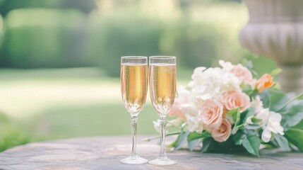Two champagne flutes with floral arrangement on a stone table