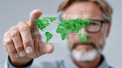 businessman analyzing green economy data on holographic display, showcasing world map with green elements. His focused expression reflects importance of sustainable development