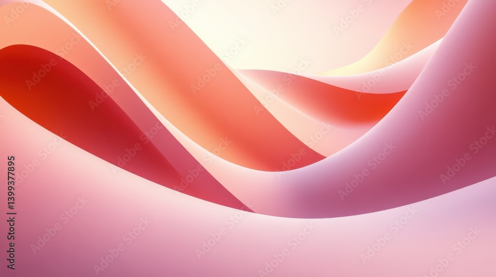 Poster a smooth, abstract composition of flowing curves in soft pink and coral hues, creating a serene and 