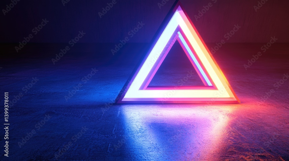 Poster a striking visual of two overlapping neon triangles glowing in a dark. misty environment. reflecting