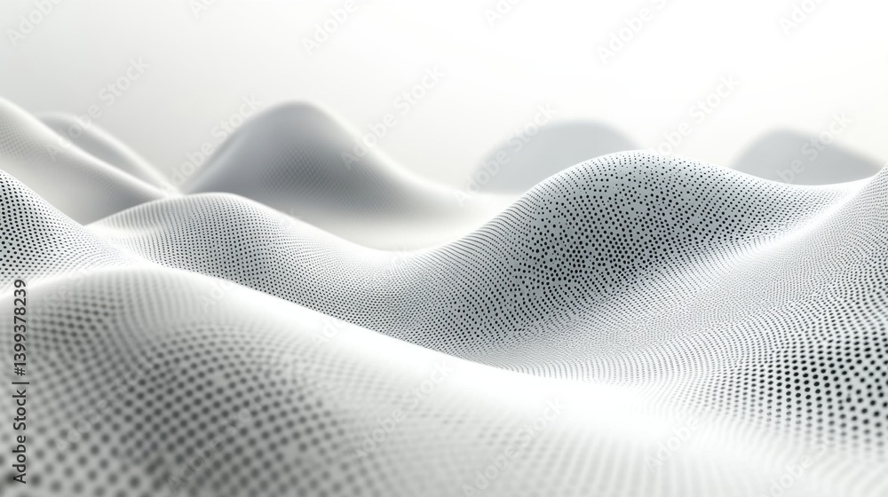 Poster a textured, abstract landscape of white mesh-like forms, creating an illusion of flowing hills and s