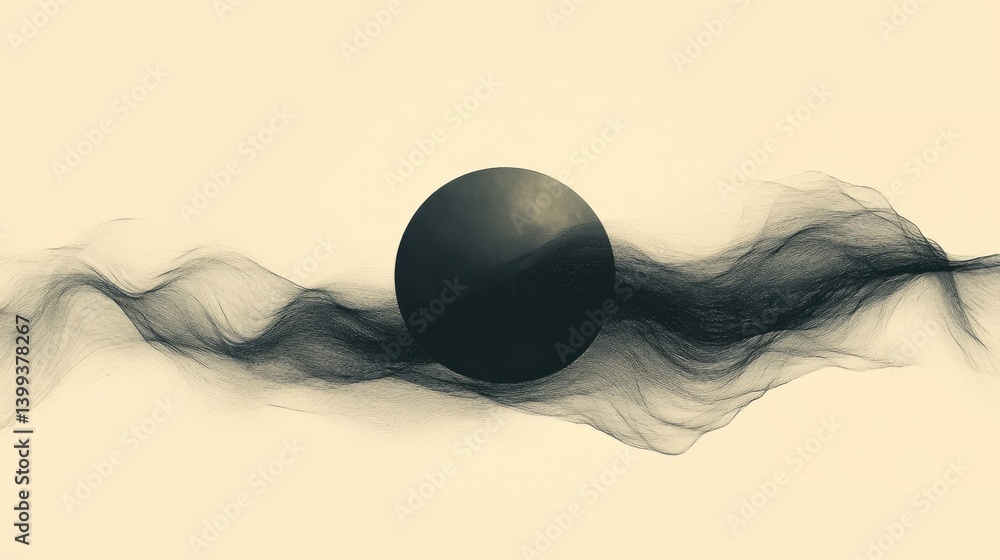 Poster an abstract composition featuring a central sphere surrounded by flowing, dark lines on a soft beige