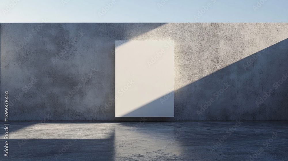 Poster a minimalist interior scene featuring a blank canvas on a concrete wall, illuminated by soft natural