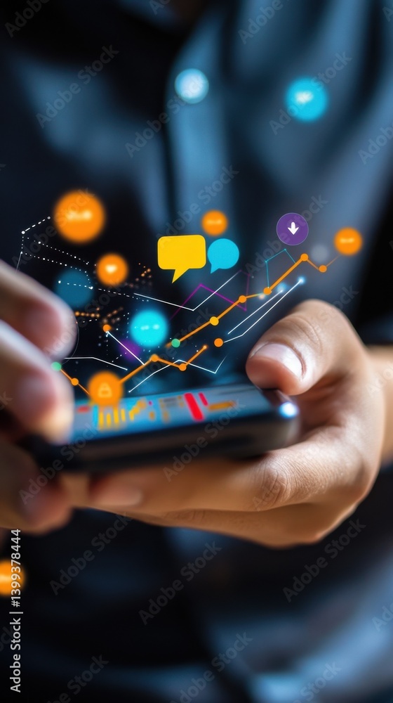 Poster digital marketing and online business. person using smartphone with holographic data and analytics