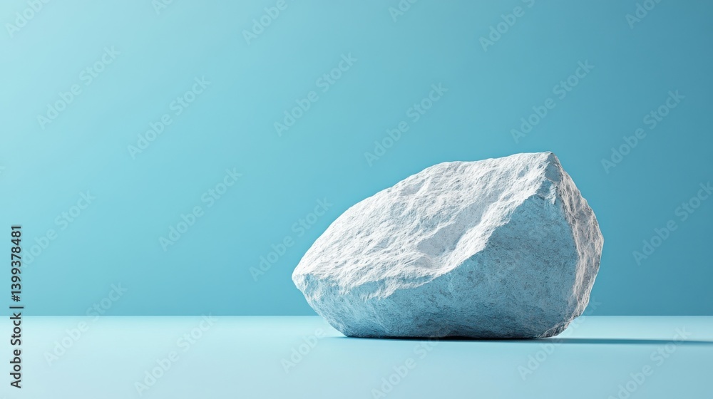 Poster a minimalist image featuring a textured rock resting on a smooth surface against a calming blue back