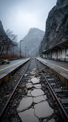 Fototapeta premium Railway tracks damaged by landslide in mountainous area, overcast sky