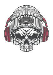 Skull with vintage style beanie hat and vintage style headphone 67 - BWb2