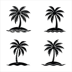 Palm Tree Island Icon Set: Minimalist Black Vector Illustrations