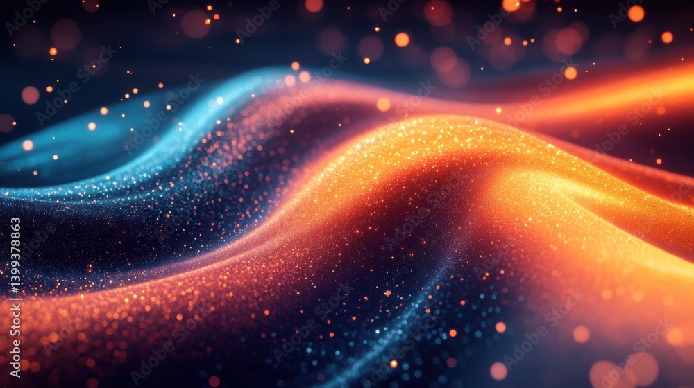 Poster a vibrant, abstract image showcasing flowing waves of orange and blue with shimmering particles, cre