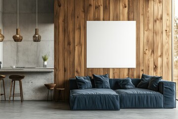 Modern living room interior featuring a cozy blue sofa. minimalist decor. and a spacious kitchen area with wooden accents and a large window showcasing natural light