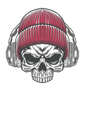Skull with vintage style beanie hat and vintage style headphone 67b - BW