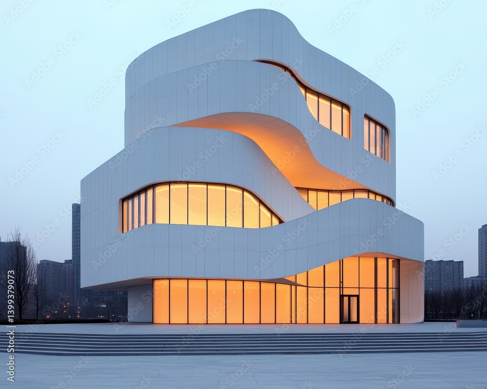 Poster modern architectural building with wavy design and illuminated windows at dusk.