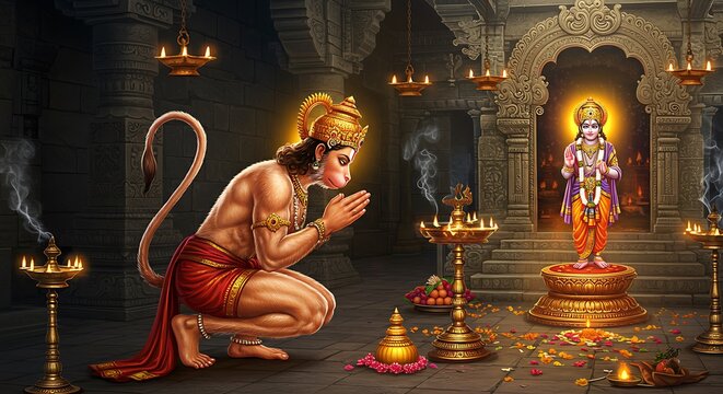 Hanuman paying respects in a decorated temple interior to the deity Rama