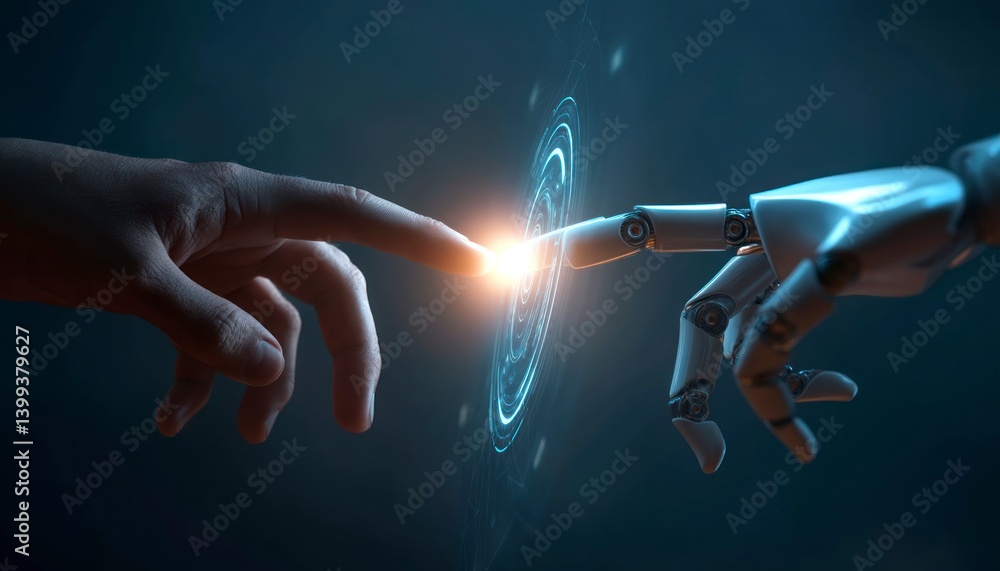 Poster human and robot fingers touching artificial intelligence connection with glow