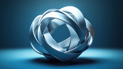 A sleek, intertwined metallic sculpture glows against a dark background, showcasing intricate shapes and reflections.