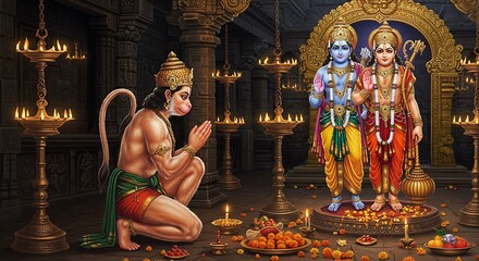 Devotion depicted in detailed illustration of Hanuman praying to Rama and Lakshmana