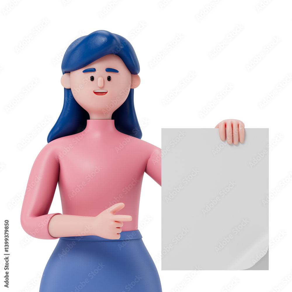 Poster woman in business attire holds a blank paper, symbolizing the presentation of information or an open