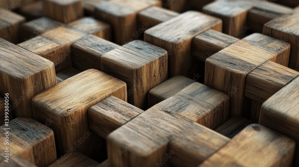 Poster close-up view of interlocking wooden blocks, showcasing intricate textures and natural patterns in a