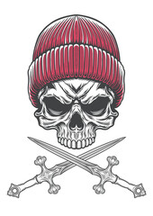 Skull with vintage style beanie hat being dangerous 64b - BW