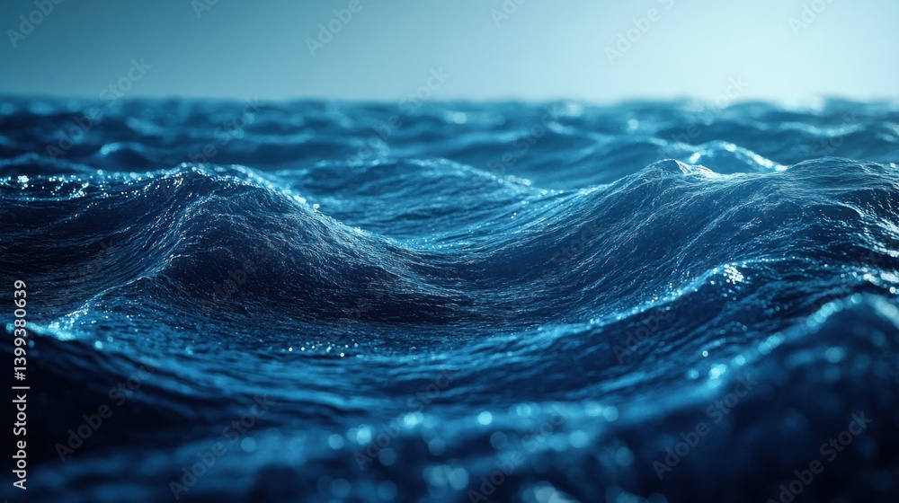 Poster a serene view of ocean waves, capturing their rhythmic motion and shimmering surface in a tranquil b
