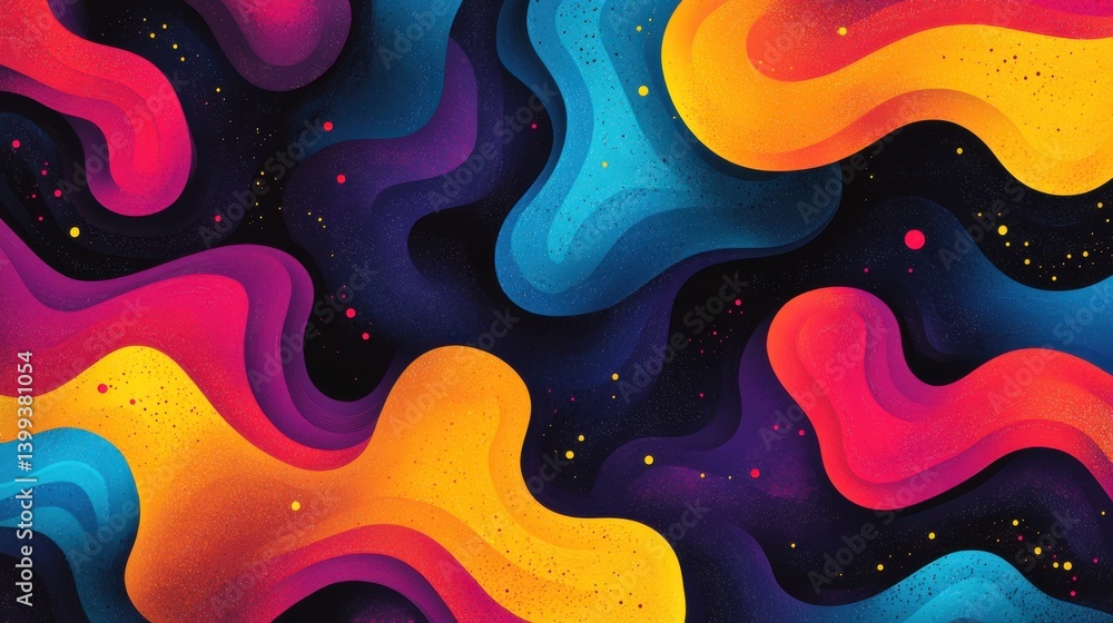 Poster a vibrant abstract design featuring colorful, wavy shapes against a dark background, creating a dyna
