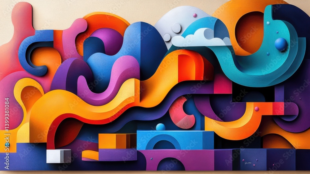 Poster a vibrant abstract composition featuring swirling shapes and dynamic colors, blending geometric form