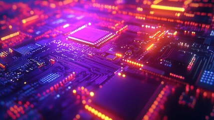 Obraz premium A vibrant, close-up view of a circuit board, featuring glowing components and intricate connections, highlighting technology and innovation.
