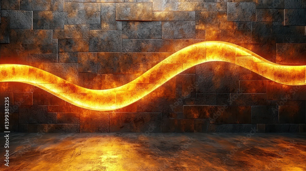 Poster illuminated abstract design on a textured wall with a wavy shape.