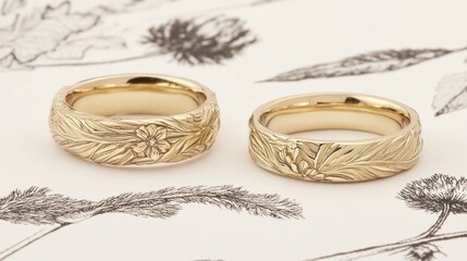 Two golden rings with floral and leafy decorative engravings shown