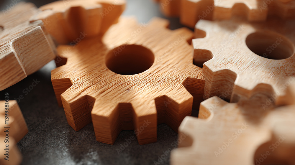 Poster close up shot of several wooden gears arranged together on a dark surface with shallow depth of fiel