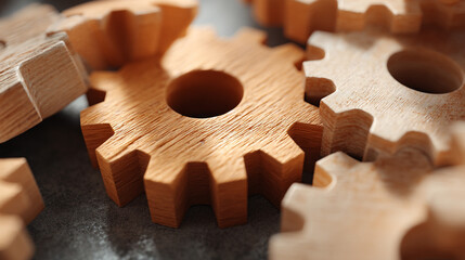 Close up shot of several wooden gears arranged together on a dark surface with shallow depth of field