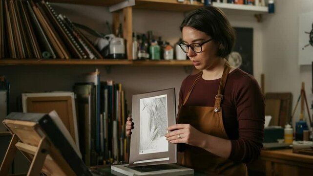 Female printmaker examining a freshly pulled intaglio print in a creative workspace