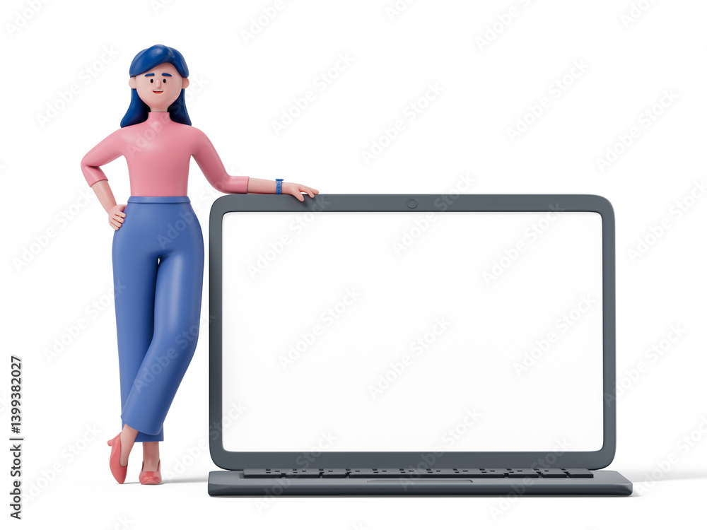 Poster a woman stands confidently next to a large laptop with a blank screen, symbolizing readiness to enga