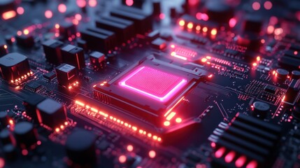 Obraz premium Close-up of glowing processor on circuit board with bright lights