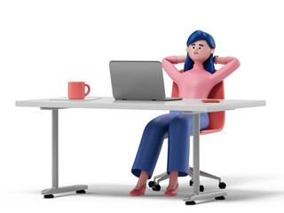 A woman sits at a desk with a laptop and a red mug, leaning back in his chair with arms behind his head, symbolizing relaxation or a break from work. 3D rendering, conceptual image. Isolated on white 